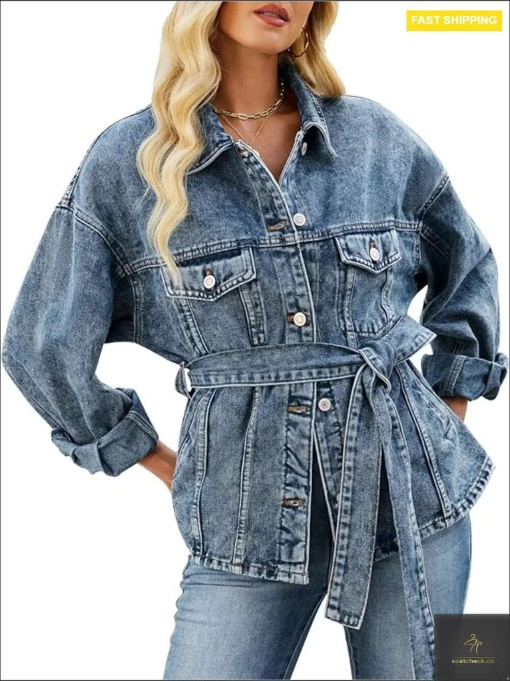 Oversized Denim Jacket with Belt Long Sleeve Button Down Classic Boyfriend Style